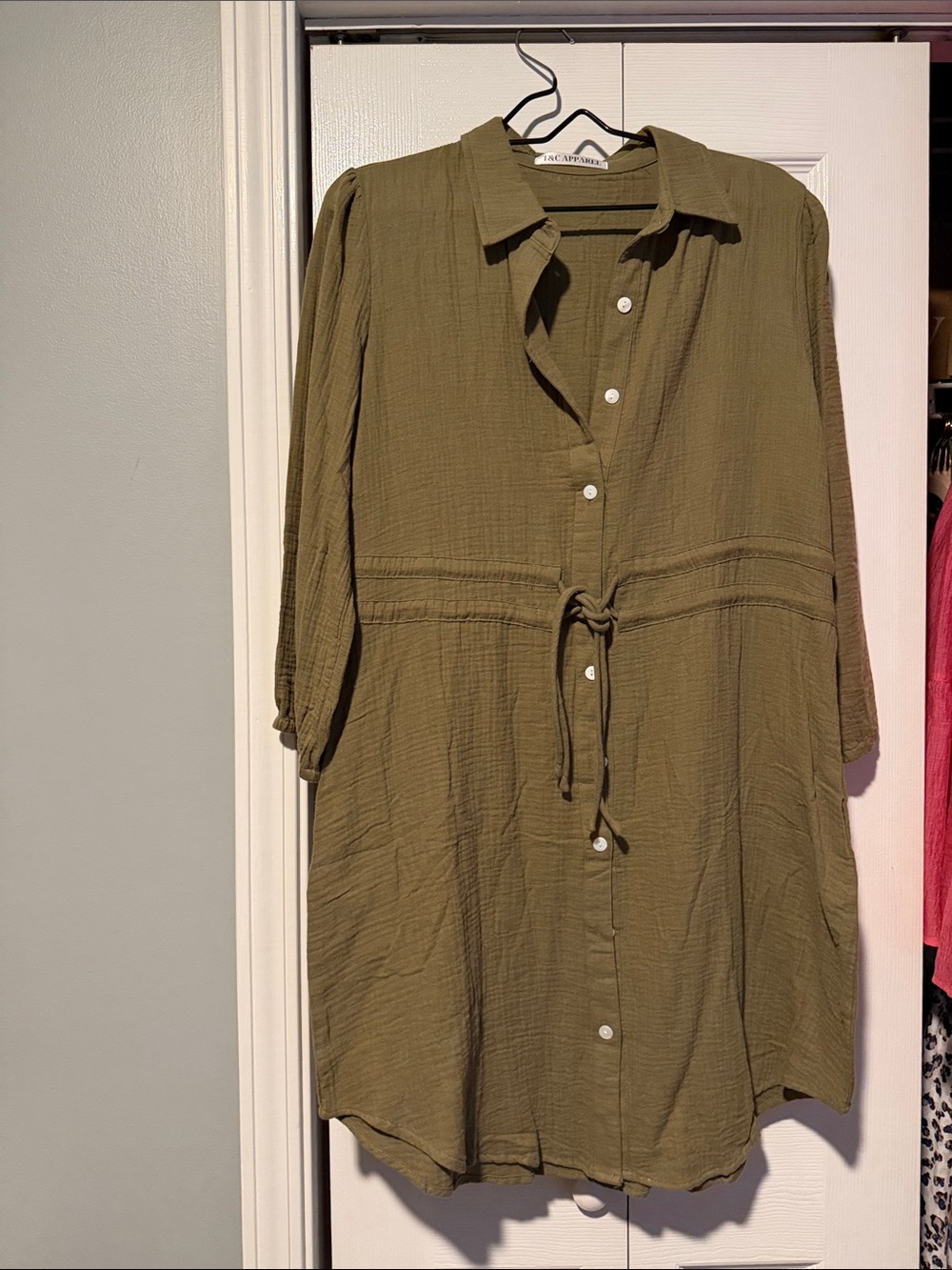 NWOT Relaxed Olive Button-Front Long Sleeve Dress with Waist Tie